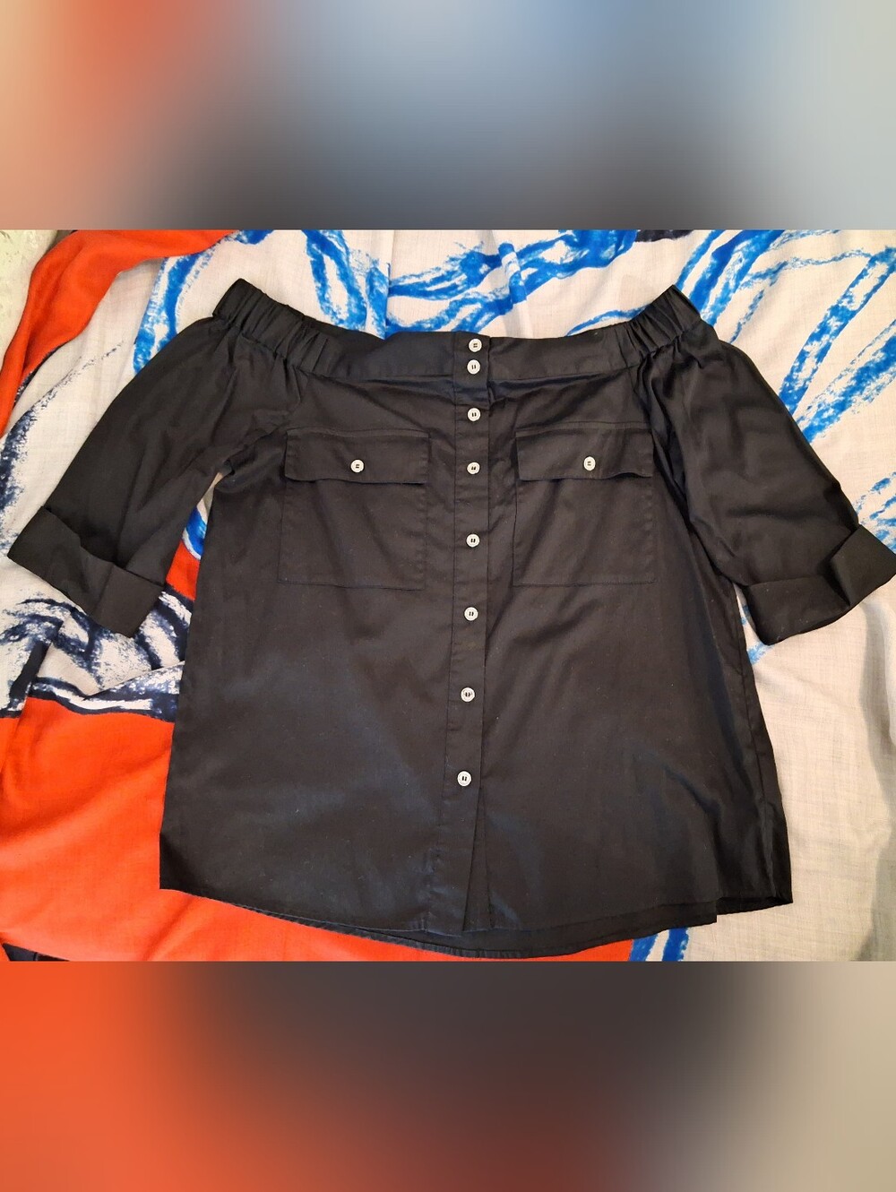 Michael Kors Black Button-Front Off-Shoulder Shirt